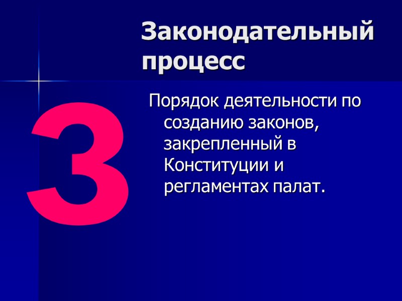 Законодательный процесс Порядок деятельности по созданию законов, закрепленный в Конституции и регламентах палат. з